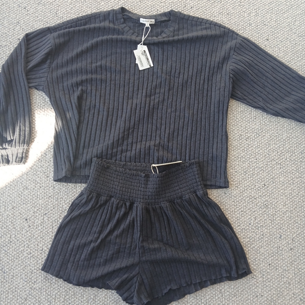 Z Supply Ribbed Long Sleeve Top And Smocked Ribbed Shorts